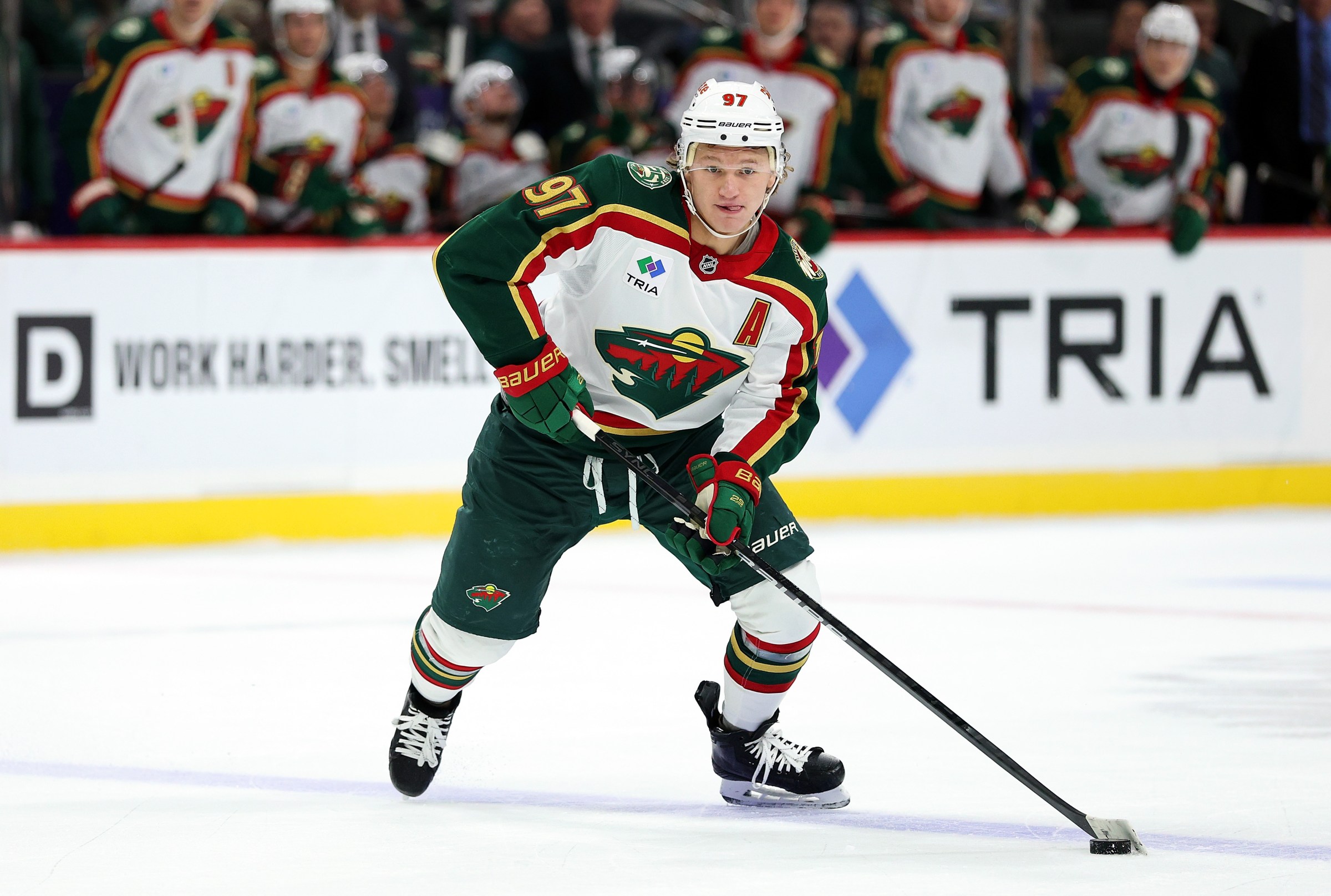 ST PAUL, MINNESOTA - NOVEMBER 04: Kirill Kaprizov #97 of the Minnesota Wild skates with the puck against the Nashville Predators in the first period at Grand Casino Arena on November 04, 2025 in St Paul, Minnesota. (Photo by David Berding/Getty Images)