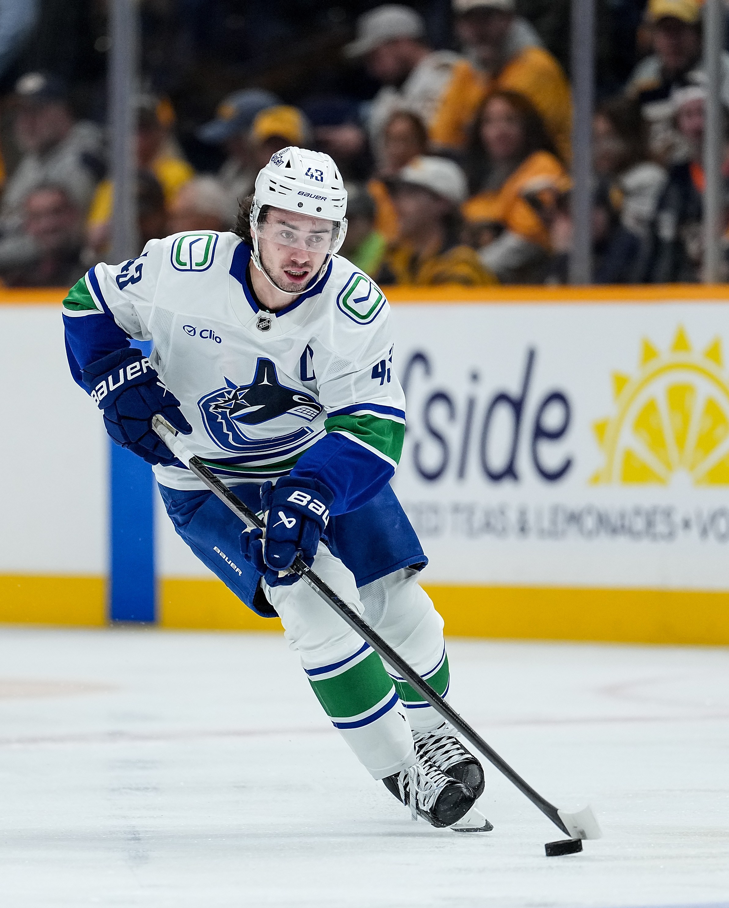 NASHVILLE, TENNESSEE - NOVEMBER 3: Quinn Hughes #43 of the Vancouver Canucks skates against the Nashville Predators during an NHL game at Bridgestone Arena on November 3, 2025 in Nashville, Tennessee. (Photo by John Russell/NHLI via Getty Images)
