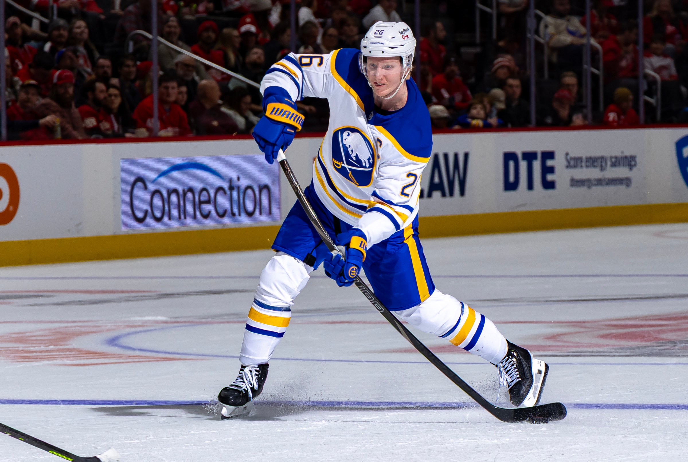 DETROIT, MICHIGAN - NOVEMBER 15: Rasmus Dahlin #26 of the Buffalo Sabres shoots the puck against the Detroit Red Wings during the second period at Little Caesars Arena on November 15, 2025 in Detroit, Michigan. (Photo by Dave Reginek/NHLI via Getty Images)