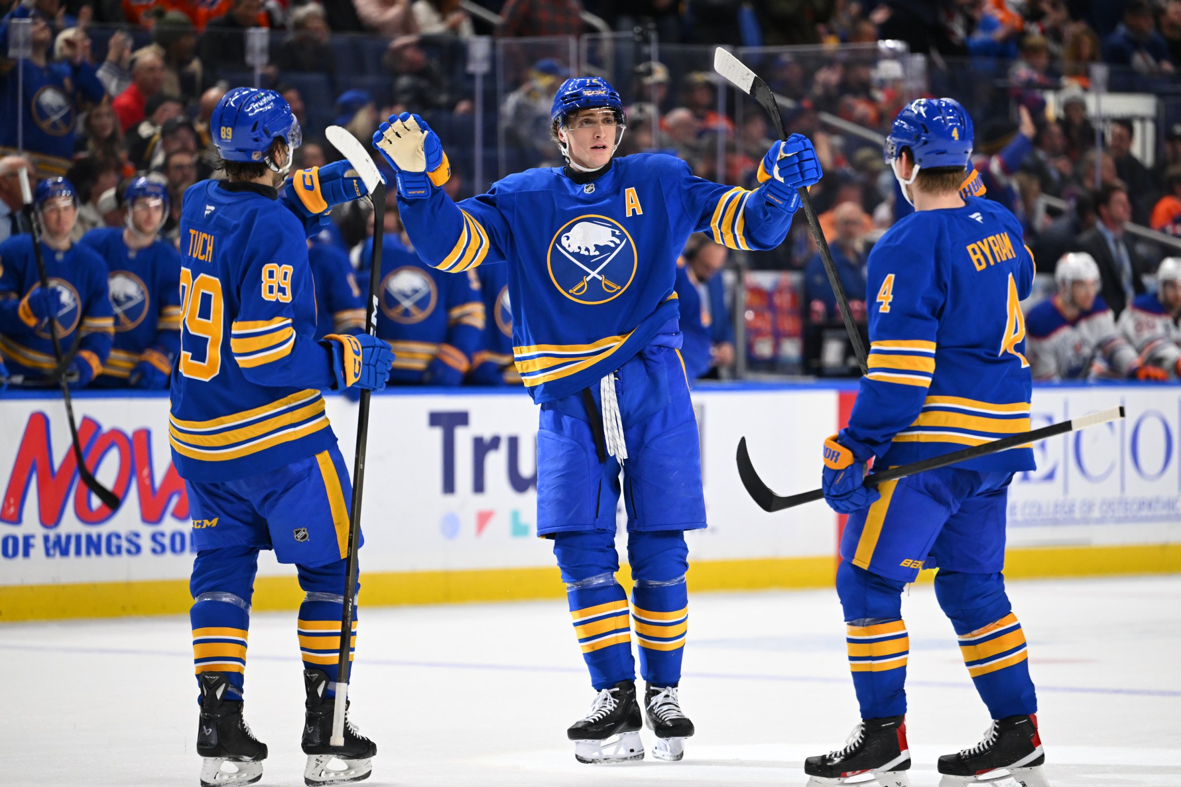 BUFFALO, NEW YORK - NOVEMBER 17: Tage Thompson #72 of the Buffalo Sabres celebrates after scoring an empty net goal during the third period of the NHL game against the Edmonton Oilers at KeyBank Center on November 17, 2025 in Buffalo, New York. Buffalo won, 5-1. (Photo by Joe Hrycych/Getty Images)
