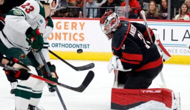 Carolina Hurricanes goaltender Frederik Andersen (31) watches the puck with Minnesota Wild's Marco Rossi (23) nearby during the third period of an NHL hockey game in Raleigh, N.C., Thursday, Nov. 6, 2025. (AP Photo/Karl DeBlaker)