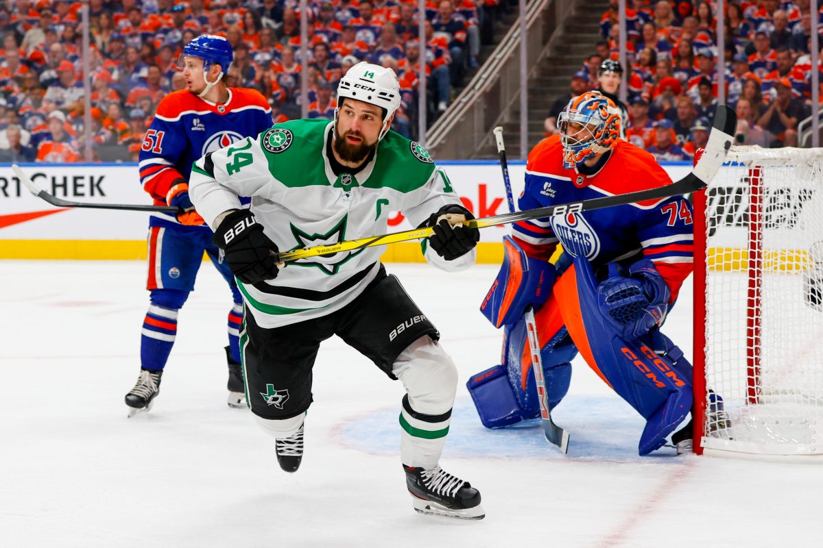 May 27, 2025; Edmonton, Alberta, CAN; Dallas Stars left wing Jamie Benn (14) skates against the Edmonton Oilers during the second period in game four of the Western Conference Final of the 2025 Stanley Cup Playoffs at Rogers Place. Mandatory Credit: Perry Nelson-Imagn Images