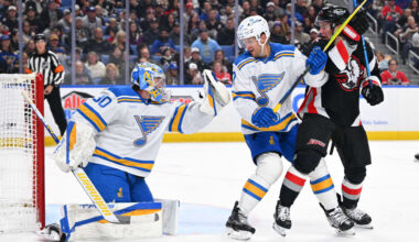 Hofer makes 28 saves, Blues shut out Sabres
