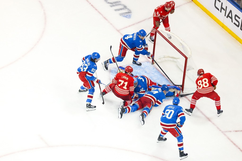 New York Rangers goalie Jonathan Quick #32 makes a save against the Detroit Red Wings.