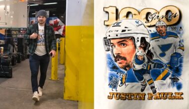 Blues rock custom T-shirts to celebrate Faulk’s 1,000th NHL game