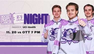 Ducks to Host Hockey Fights Cancer Night Presented by UCI Health Thursday