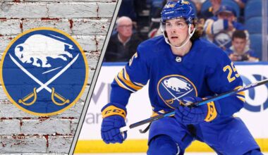 Buffalo Sabres defenseman Owen Power skating with the puck, analyzing trade rumors and defensive performance.