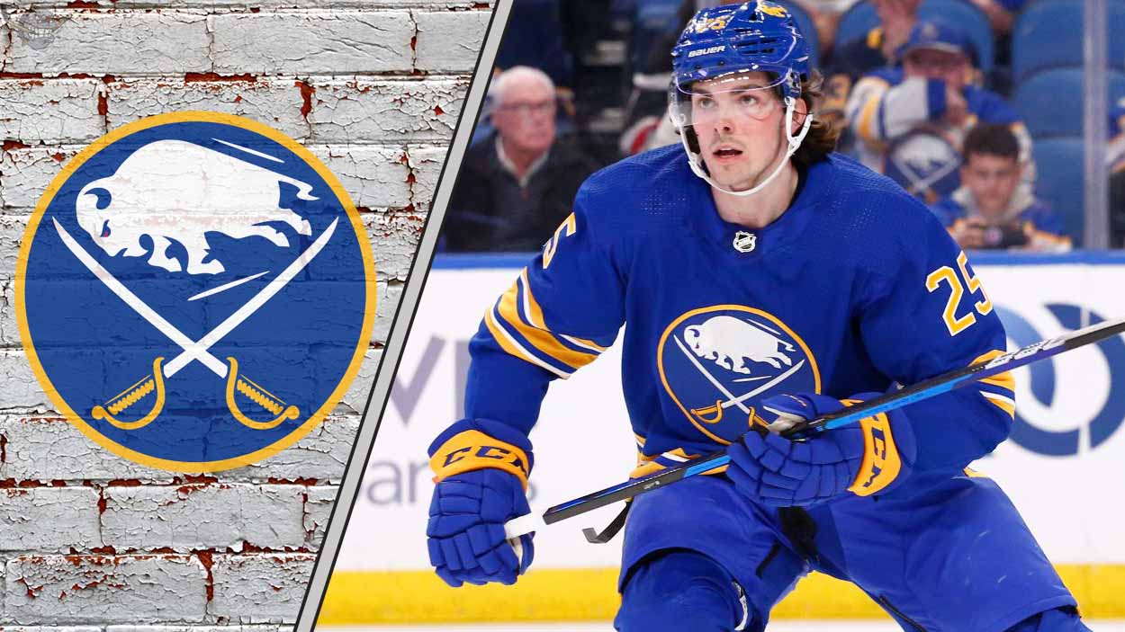 Buffalo Sabres defenseman Owen Power skating with the puck, analyzing trade rumors and defensive performance.