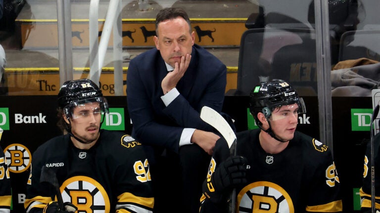 Bruins coach Marco Sturm follows the action during a game against the Sabres at TD Garden on Saturday, October 11, 2025.