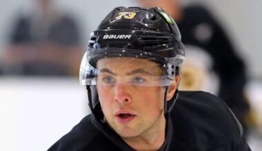 The Boston Bruins held training camp Thursday at the Warrior Ice Arena. Charlie McAvoy skates up ice during a drill.