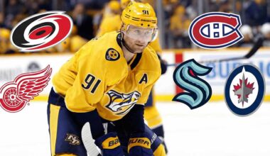 Steven Stamkos in a yellow Nashville Predators jersey on the ice, surrounded by the team logos of the Carolina Hurricanes, Detroit Red Wings, Montreal Canadiens, Seattle Kraken, and Winnipeg Jets.