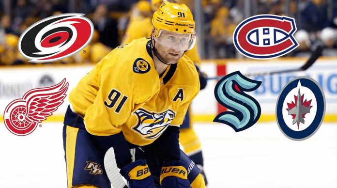 Steven Stamkos in a yellow Nashville Predators jersey on the ice, surrounded by the team logos of the Carolina Hurricanes, Detroit Red Wings, Montreal Canadiens, Seattle Kraken, and Winnipeg Jets.