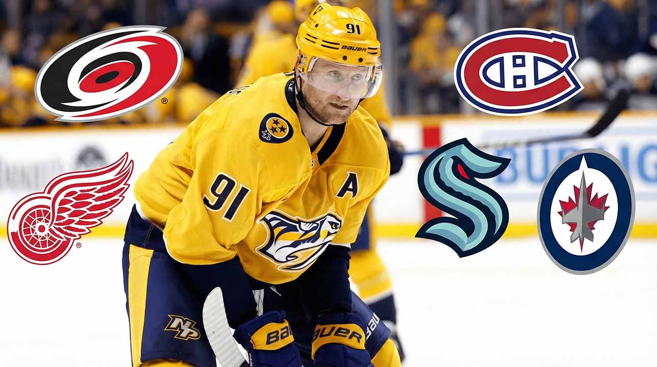 Steven Stamkos in a yellow Nashville Predators jersey on the ice, surrounded by the team logos of the Carolina Hurricanes, Detroit Red Wings, Montreal Canadiens, Seattle Kraken, and Winnipeg Jets.