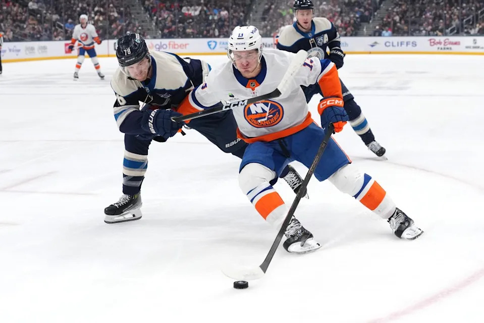 Mathew Barzal #13 of the New York Islanders skates with the puck against Damon Severson #78 of the Columbus Blue Jackets during the first period at Nationwide Arena on December 28, 2025 in Columbus, Ohio. Getty Images