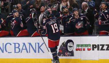 Columbus Blue Jackets center Adam Fantilli celebrates his goal against the Ottawa Senators at Nationwide Arena