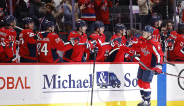 Nov 22, 2025; Washington, District of Columbia, USA; Washington Capitals defenseman Jakob Chychrun (6) celebrates with teammates after scoring a goal against the Tampa Bay Lightning during the second period at Capital One Arena. Mandatory Credit: Geoff Burke-Imagn Images