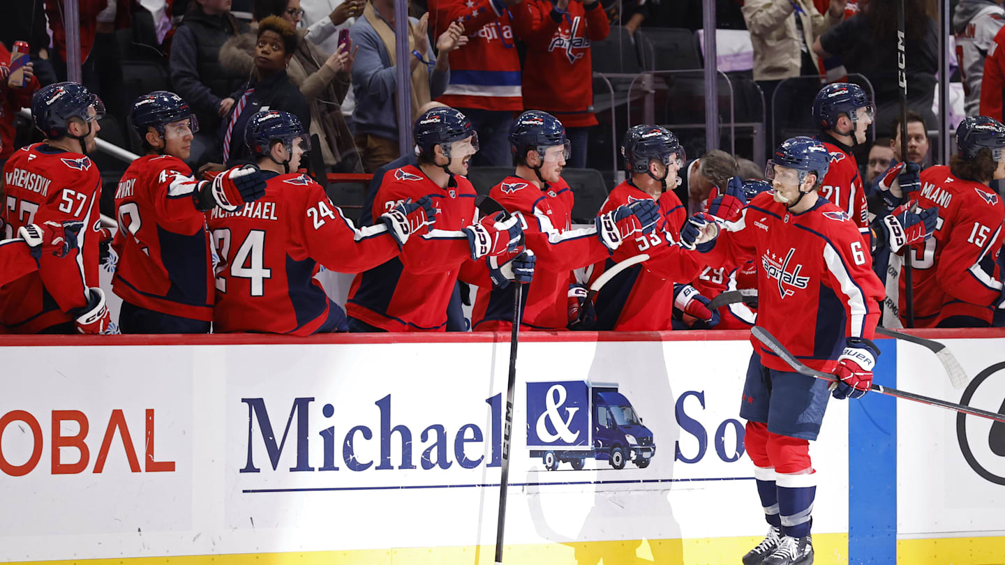 Nov 22, 2025; Washington, District of Columbia, USA; Washington Capitals defenseman Jakob Chychrun (6) celebrates with teammates after scoring a goal against the Tampa Bay Lightning during the second period at Capital One Arena. Mandatory Credit: Geoff Burke-Imagn Images