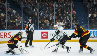 Nov 20, 2025; Vancouver, British Columbia, CAN; Vancouver Canucks defenseman Quinn Hughes (43) watches as Dallas Stars forward Colin Blackwell (15) scores on goalie Kevin Lankinen (32) in the third period at Rogers Arena. Mandatory Credit: Bob Frid-Imagn Images