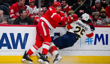 Apr 6, 2025; Detroit, Michigan, USA; Detroit Red Wings defenseman Ben Chiarot (8) checks Florida Panthers right wing Mackie Samoskevich (25) during the third period at Little Caesars Arena. Mandatory Credit: Tim Fuller-Imagn Images