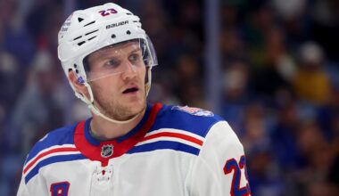 Oct 9, 2025; Buffalo, New York, USA;  New York Rangers defenseman Adam Fox (23) during a stoppage in play against the Buffalo Sabres during the third period at KeyBank Center. Mandatory Credit: Timothy T. Ludwig-Imagn Images