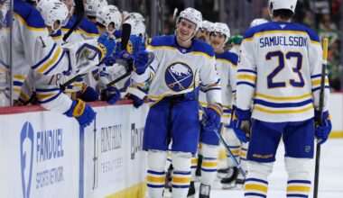 Nov 29, 2025; Saint Paul, Minnesota, USA; Buffalo Sabres right wing Josh Doan (91) celebrates his goal against the Minnesota Wild during the third period at Grand Casino Arena. Mandatory Credit: Matt Krohn-Imagn Images