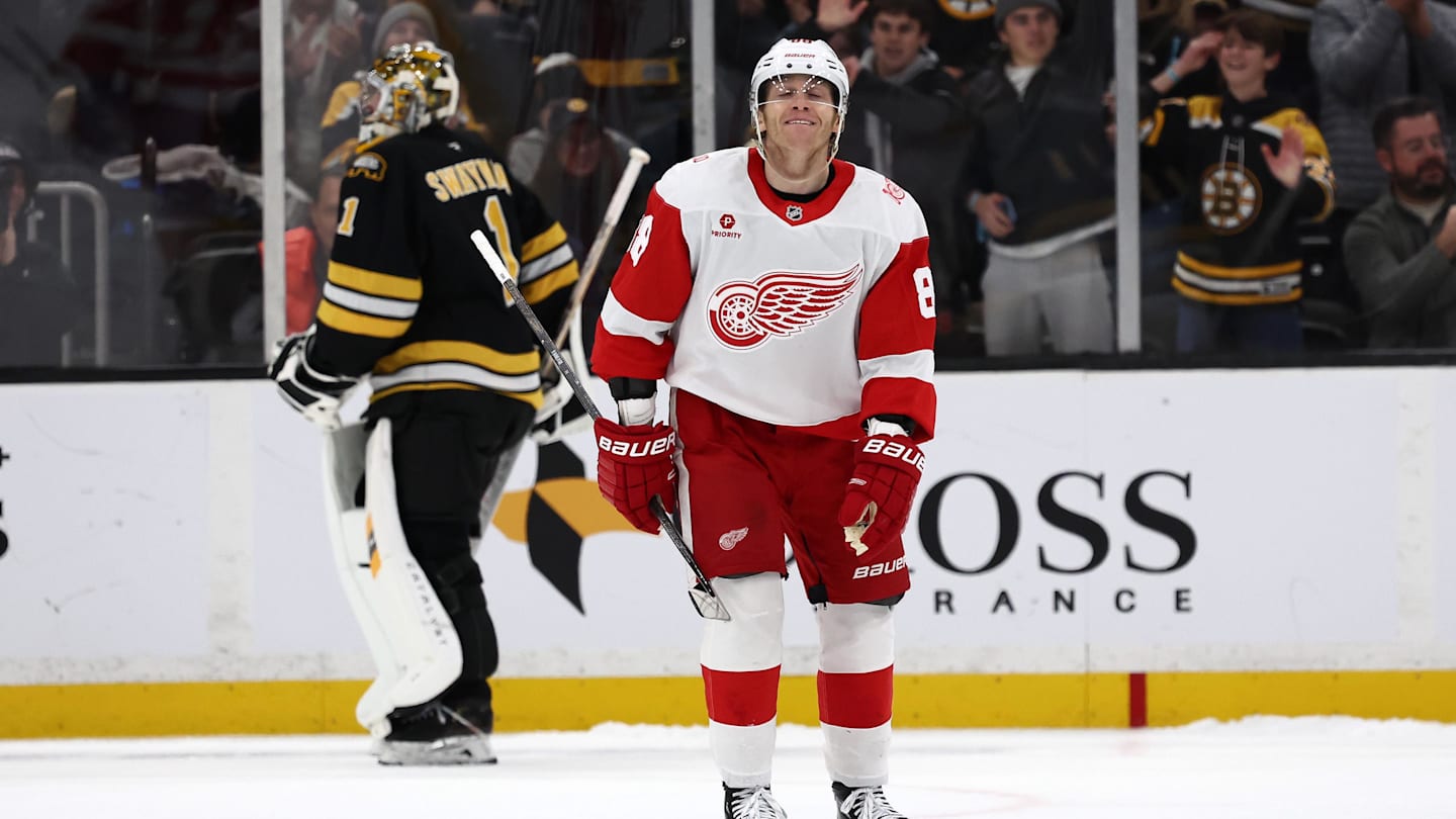 Nov 29, 2025; Boston, Massachusetts, USA; Detroit Red Wings right wing Patrick Kane (88) heads back to the bench after being stopped by Boston Bruins goaltender Jeremy Swayman (1) during a shootout at TD Garden. Mandatory Credit: Winslow Townson-Imagn Images