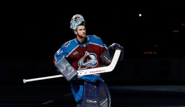 Nov 11, 2025; Denver, Colorado, USA; Colorado Avalanche goaltender Scott Wedgewood (41) skates out for fans after the game against the Anaheim Ducks at Ball Arena. Mandatory Credit: Isaiah J. Downing-Imagn Images