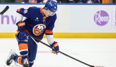 Nov 22, 2025; Elmont, New York, USA;  New York Islanders defenseman Matthew Schaefer (48) reacts after failing to score in the second period against the St. Louis Blues at UBS Arena. Mandatory Credit: Wendell Cruz-Imagn Images