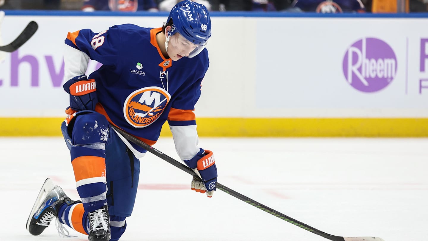 Nov 22, 2025; Elmont, New York, USA;  New York Islanders defenseman Matthew Schaefer (48) reacts after failing to score in the second period against the St. Louis Blues at UBS Arena. Mandatory Credit: Wendell Cruz-Imagn Images