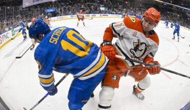 Dec 1, 2025; St. Louis, Missouri, USA; St. Louis Blues center Brayden Schenn (10) and Anaheim Ducks left wing Cutter Gauthier (61) battle for the puck during the second period at Enterprise Center. Mandatory Credit: Jeff Curry-Imagn Images