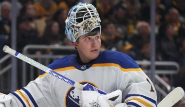 Nov 26, 2025; Pittsburgh, Pennsylvania, USA; Buffalo Sabres goaltender Ukko-Pekka Luukkonen (1) looks on against the Pittsburgh Penguins during the third period at PPG Paints Arena. Mandatory Credit: Charles LeClaire-Imagn Images