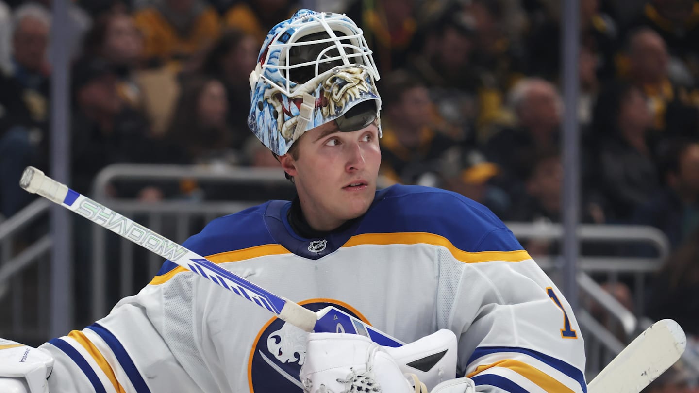 Nov 26, 2025; Pittsburgh, Pennsylvania, USA; Buffalo Sabres goaltender Ukko-Pekka Luukkonen (1) looks on against the Pittsburgh Penguins during the third period at PPG Paints Arena. Mandatory Credit: Charles LeClaire-Imagn Images