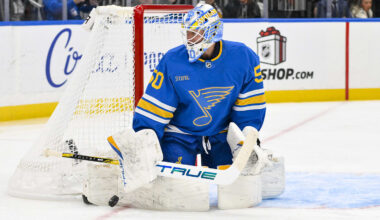 Dec 1, 2025; St. Louis, Missouri, USA; St. Louis Blues goaltender Jordan Binnington (50) defends the net against the Anaheim Ducks during the first period at Enterprise Center. Mandatory Credit: Jeff Curry-Imagn Images