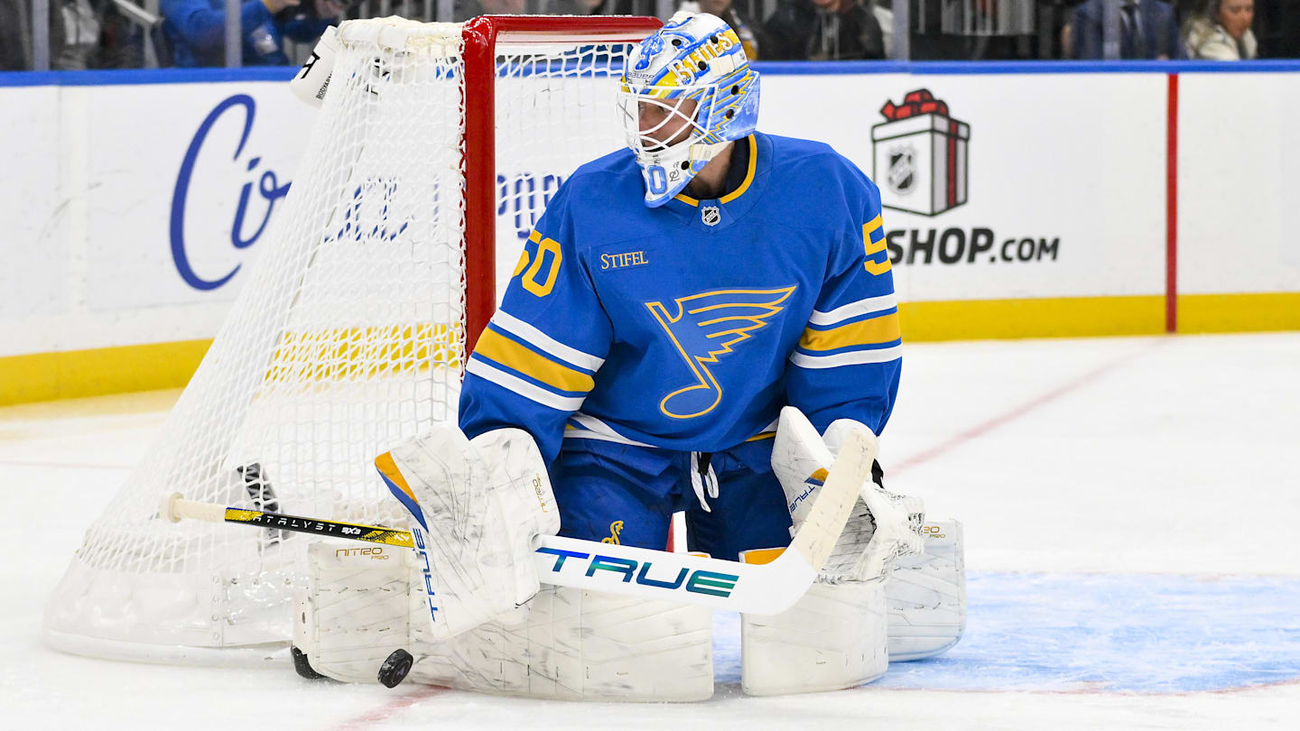 Dec 1, 2025; St. Louis, Missouri, USA; St. Louis Blues goaltender Jordan Binnington (50) defends the net against the Anaheim Ducks during the first period at Enterprise Center. Mandatory Credit: Jeff Curry-Imagn Images