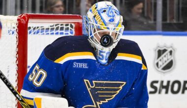 Nov 3, 2025; St. Louis, Missouri, USA; St. Louis Blues goaltender Jordan Binnington (50) defends the net against the Edmonton Oilers during the first period at Enterprise Center. Mandatory Credit: Jeff Curry-Imagn Images