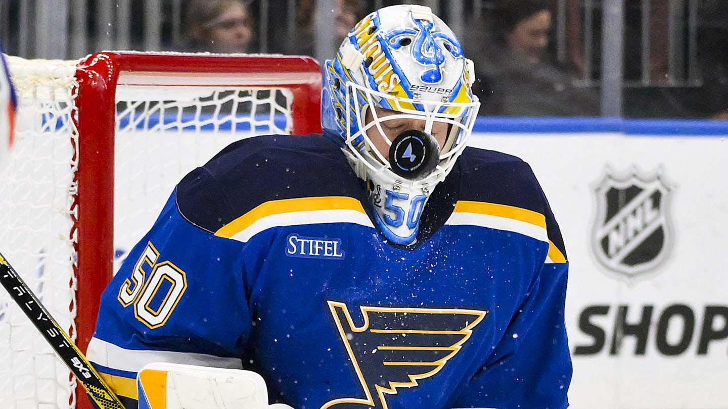 Nov 3, 2025; St. Louis, Missouri, USA; St. Louis Blues goaltender Jordan Binnington (50) defends the net against the Edmonton Oilers during the first period at Enterprise Center. Mandatory Credit: Jeff Curry-Imagn Images