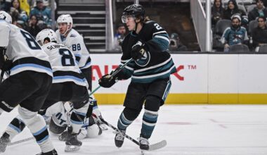 Dec 1, 2025; San Jose, California, USA; San Jose Sharks center Will Smith (2) scores during the second period against the Utah Mammoth at SAP Center at San Jose. Mandatory Credit: Justine Willard-Imagn Images
