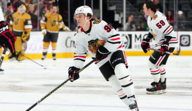 Feb 27, 2025; Las Vegas, Nevada, USA; Chicago Blackhawks center Connor Bedard (98) warms up before a game against the Vegas Golden Knights at T-Mobile Arena. Mandatory Credit: Stephen R. Sylvanie-Imagn Images