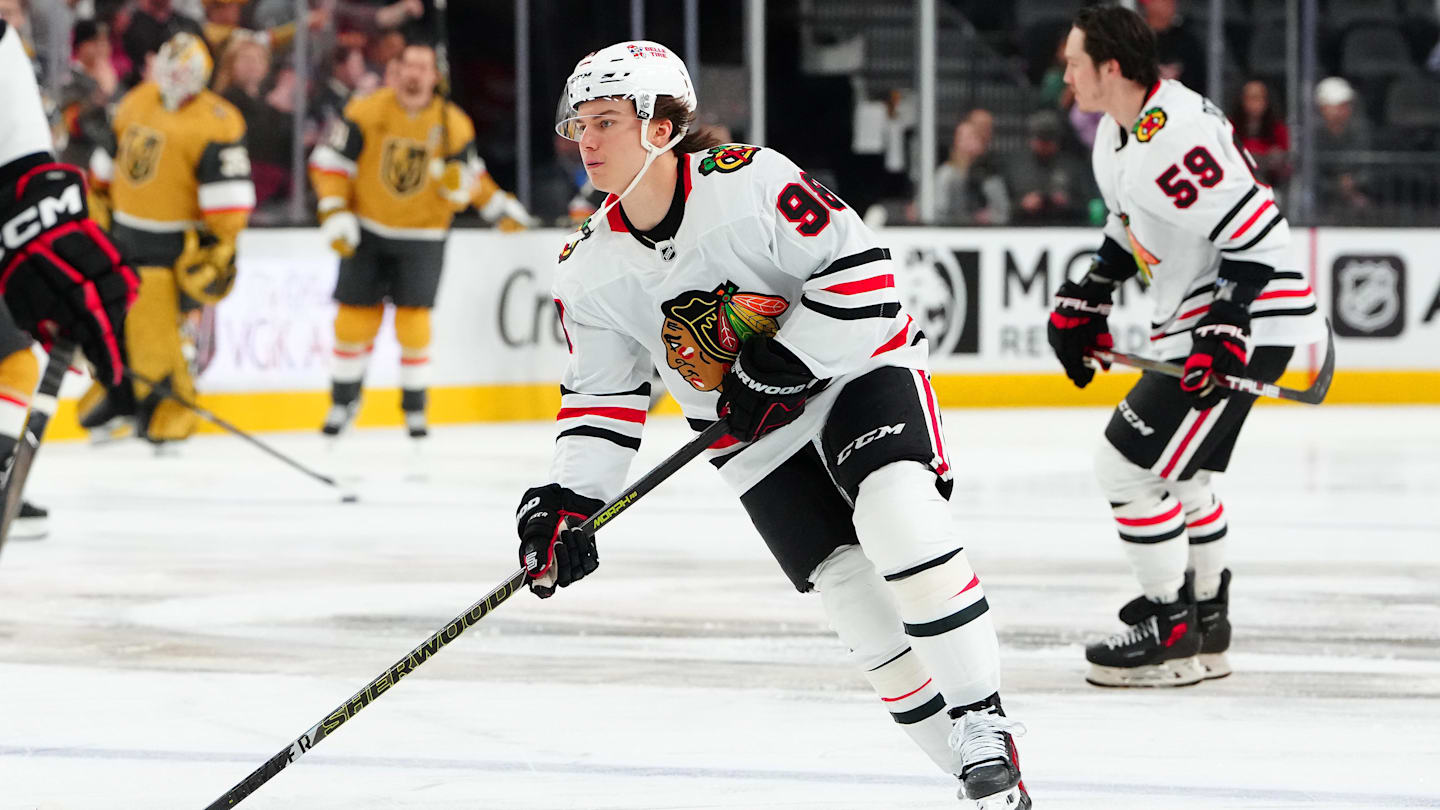 Feb 27, 2025; Las Vegas, Nevada, USA; Chicago Blackhawks center Connor Bedard (98) warms up before a game against the Vegas Golden Knights at T-Mobile Arena. Mandatory Credit: Stephen R. Sylvanie-Imagn Images