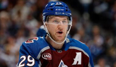 Nov 11, 2025; Denver, Colorado, USA; Colorado Avalanche center Nathan MacKinnon (29) in the first period against the Anaheim Ducks at Ball Arena. Mandatory Credit: Isaiah J. Downing-Imagn Images