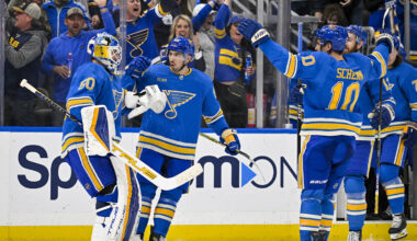 Mar 16, 2024; St. Louis, Missouri, USA;  St. Louis Blues center Jordan Kyrou (25) celebrates with goaltender Jordan Binnington (50) after the Blues defeated the Minnesota Wild in shoot outs at Enterprise Center. Mandatory Credit: Jeff Curry-Imagn Images