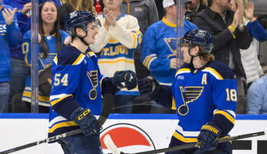Nov 3, 2025; St. Louis, Missouri, USA; St. Louis Blues right wing Dalibor Dvorsky (54) is congratulated by center Robert Thomas (18) after scoring his first NHL goal against the Edmonton Oilers during the second period at Enterprise Center. Mandatory Credit: Jeff Curry-Imagn Images