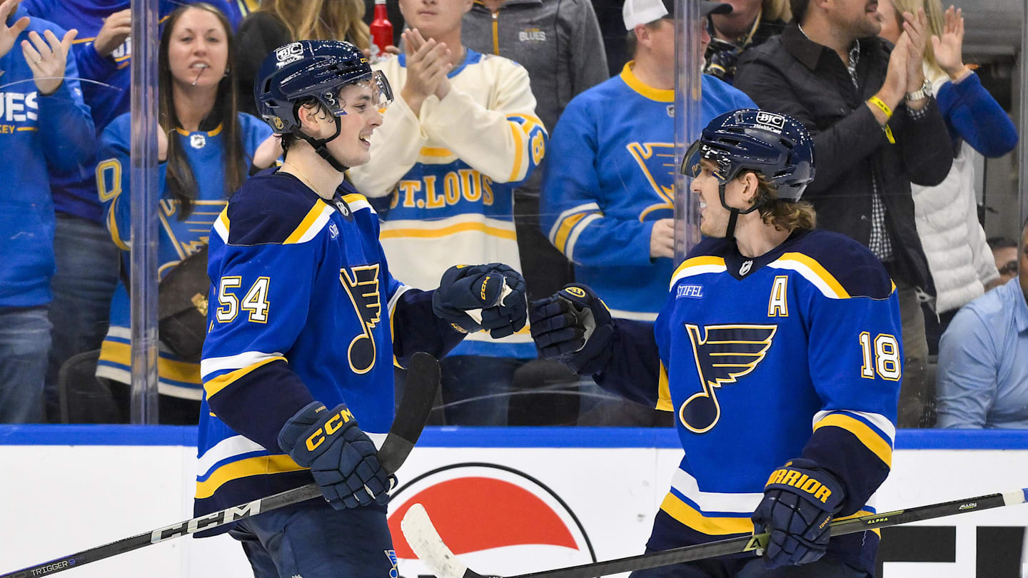 Nov 3, 2025; St. Louis, Missouri, USA; St. Louis Blues right wing Dalibor Dvorsky (54) is congratulated by center Robert Thomas (18) after scoring his first NHL goal against the Edmonton Oilers during the second period at Enterprise Center. Mandatory Credit: Jeff Curry-Imagn Images
