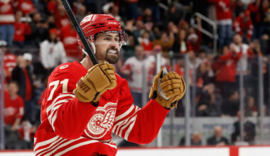 Dec 2, 2025; Detroit, Michigan, USA;  Detroit Red Wings center Dylan Larkin (71) celebrates a goal by defenseman Ben Chiarot (not pictured) in the second period against the Boston Bruins at Little Caesars Arena. Mandatory Credit: Rick Osentoski-Imagn Images