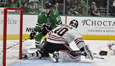 Nov 7, 2024; Dallas, Texas, USA; Chicago Blackhawks goaltender Arvid Soderblom (40) stops a short by Dallas Stars center Tyler Seguin (91) during the second period at the American Airlines Center. Mandatory Credit: Jerome Miron-Imagn Images