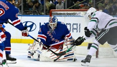 Dec 2, 2025; New York, New York, USA;  New York Rangers goaltender Igor Shesterkin (31) makes a save as New York Rangers defenseman Scott Morrow (60) defends against Dallas Stars center Mavrik Bourque (22) during the second period at Madison Square Garden. Mandatory Credit: Dennis Schneidler-Imagn Images