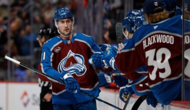 Nov 20, 2025; Denver, Colorado, USA; Colorado Avalanche center Brock Nelson (11) celebrates with the bench after his goal in the third period against the New York Rangers at Ball Arena. Mandatory Credit: Isaiah J. Downing-Imagn Images