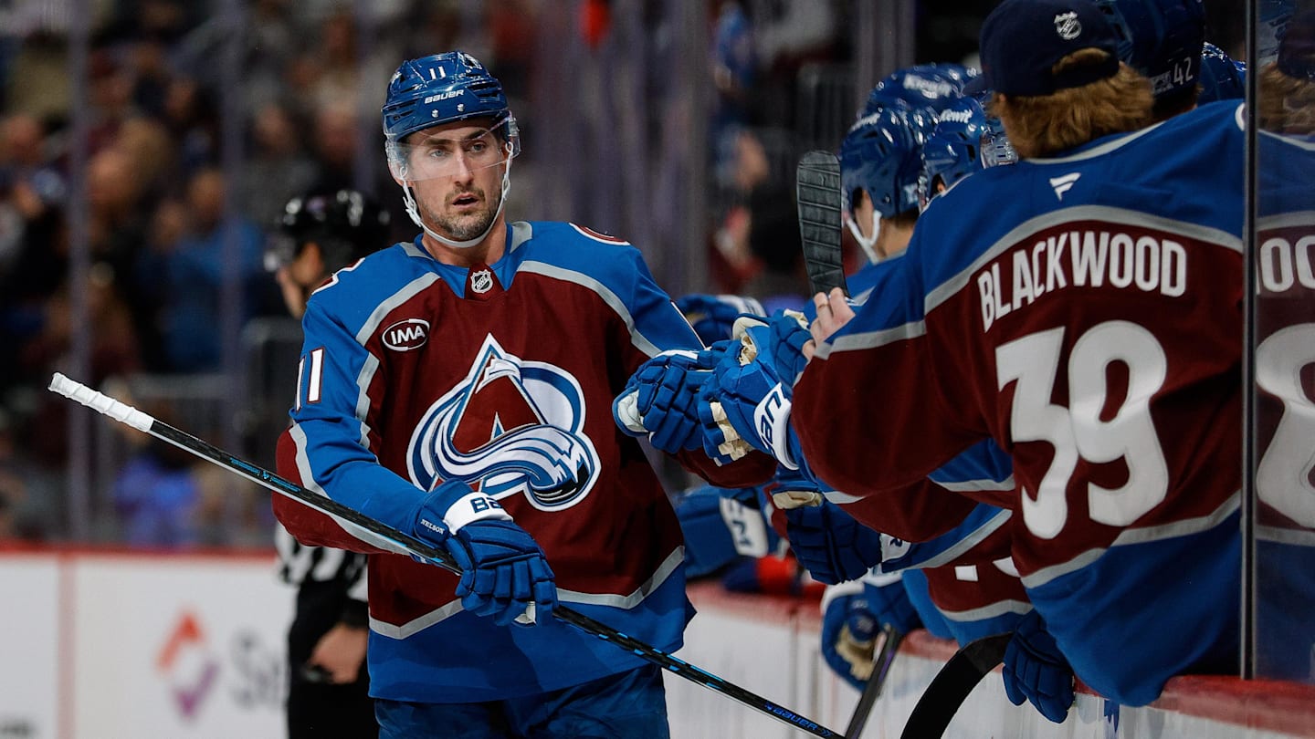 Nov 20, 2025; Denver, Colorado, USA; Colorado Avalanche center Brock Nelson (11) celebrates with the bench after his goal in the third period against the New York Rangers at Ball Arena. Mandatory Credit: Isaiah J. Downing-Imagn Images