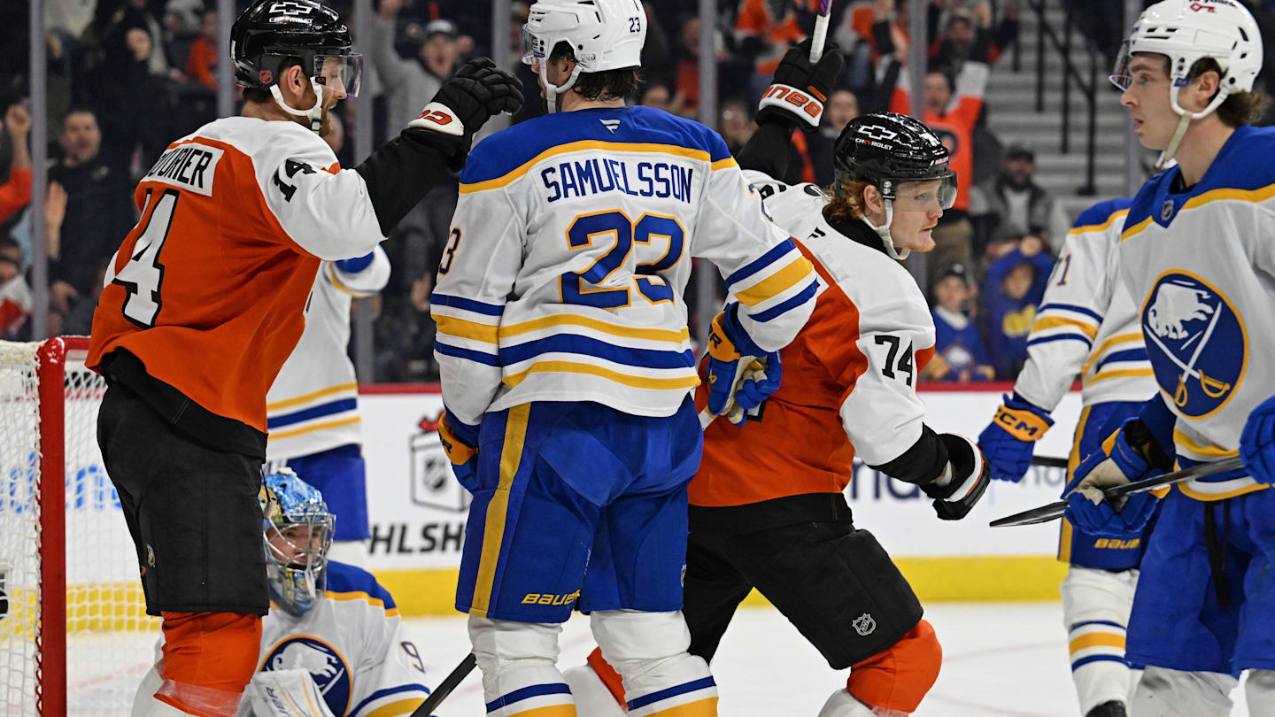 Dec 3, 2025; Philadelphia, Pennsylvania, USA;  Philadelphia Flyers right wing Owen Tippett (74) celebrates his goal against the Buffalo Sabres during the second period at Xfinity Mobile Arena. Mandatory Credit: Eric Hartline-Imagn Images