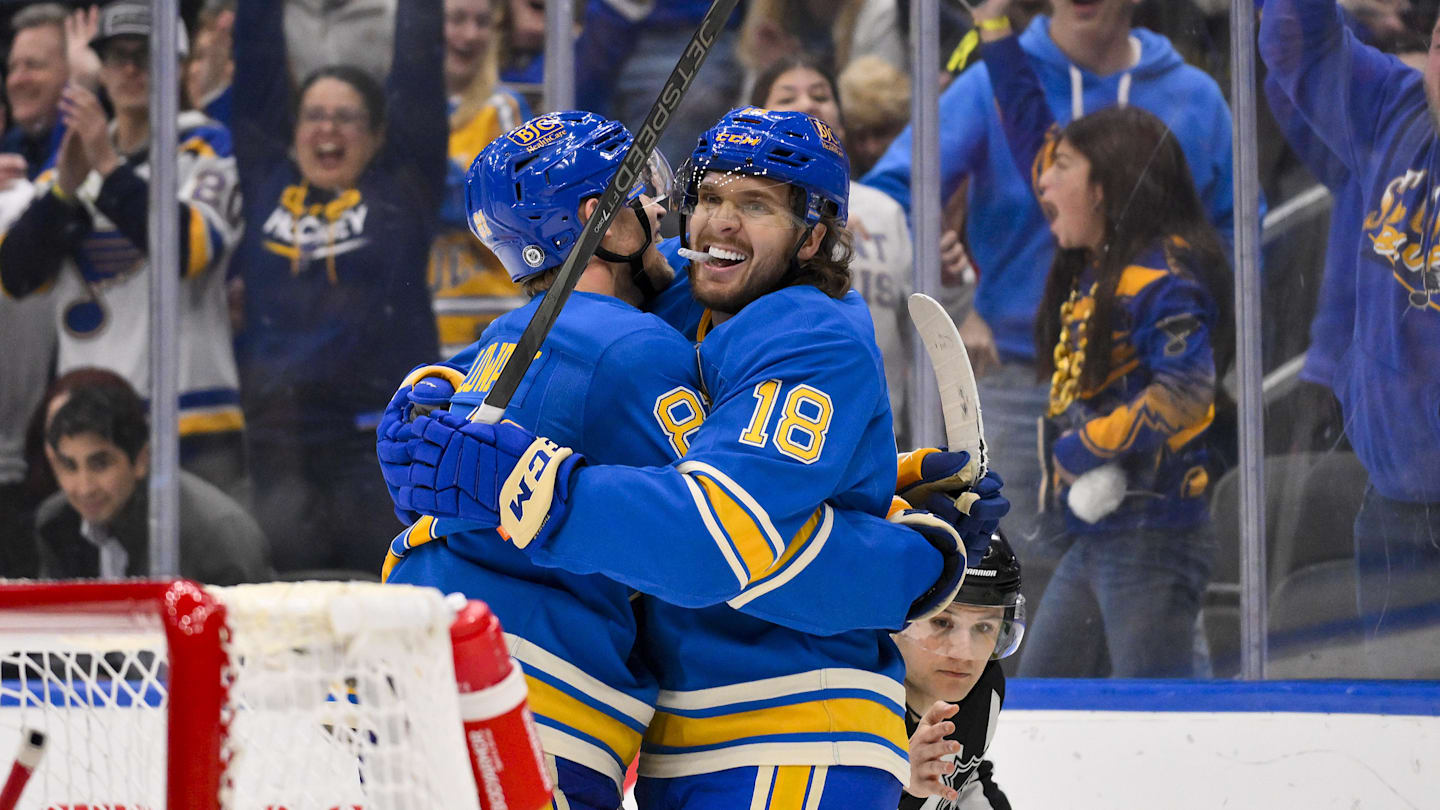 Mar 22, 2025; St. Louis, Missouri, USA;  St. Louis Blues center Robert Thomas (18) celebrates with center Dylan Holloway (81) after scoring against the Chicago Blackhawks during the second period at Enterprise Center. Mandatory Credit: Jeff Curry-Imagn Images